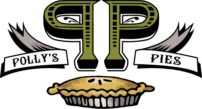 Polly's Pies Logo with a backwards and forwards P in green over a drawing of a pie with a banner on the left that says Polly's and a banner on the right that says Pies.